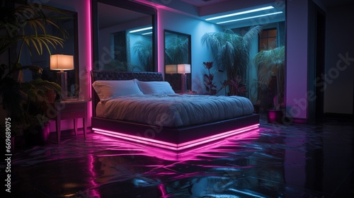 A bedroom with neon lights embedded into the floor, creating a glowing pathway.