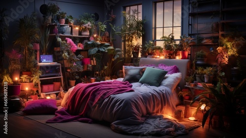 A bedroom with neon lights in planters illuminating potted indoor plants.