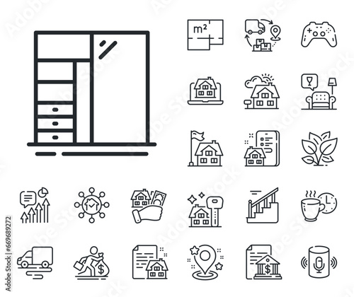 Clothes cabinet sign. Floor plan, stairs and lounge room outline icons. Cupboard line icon. Closet or sliding wardrobe symbol. Cupboard line sign. House mortgage, sell building icon. Vector