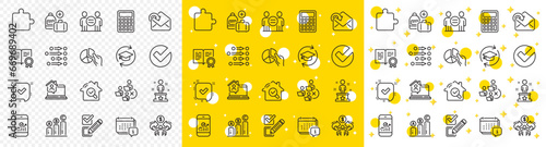 Outline Continuing education, Calendar and Verify line icons pack for web with Receive mail, Work home, Order line icon. Checkbox, Confirmed, Add handbag pictogram icon. Success. Vector