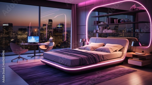 A high-tech bedroom with neon lights integrated into smart furniture and appliances.