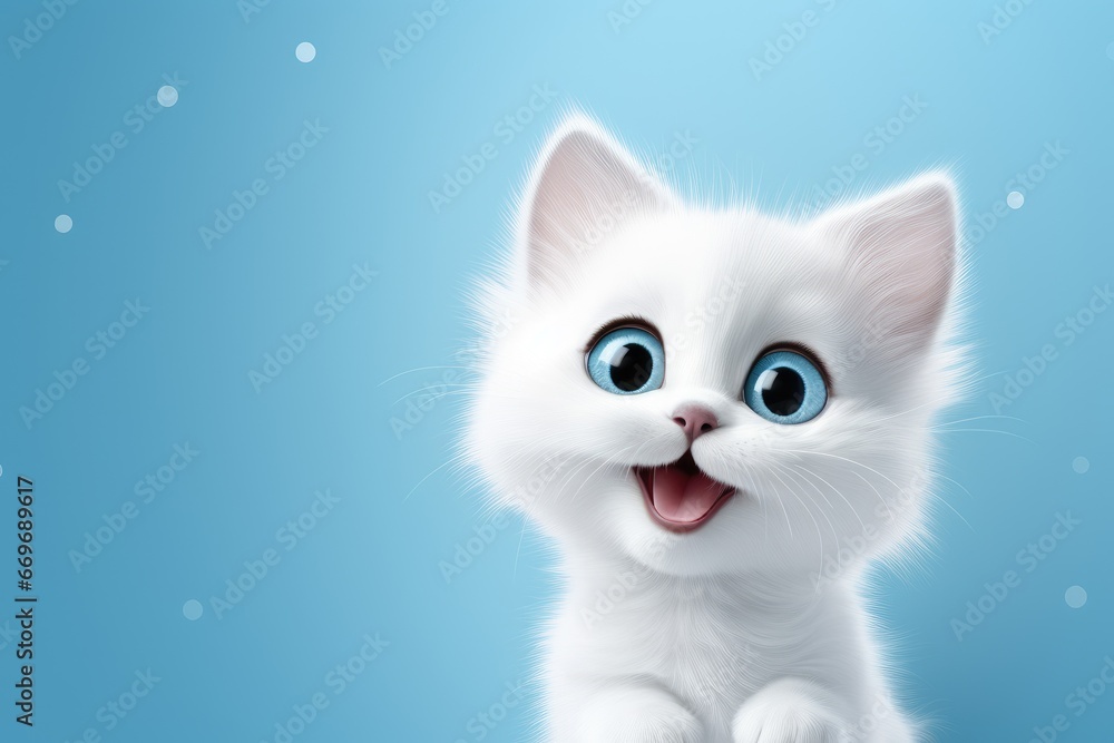 Cute white fluffy cat hiding on bright blue background. Cartoon happy pet character for banner with copy space. Funny face head of cute kawaii animal