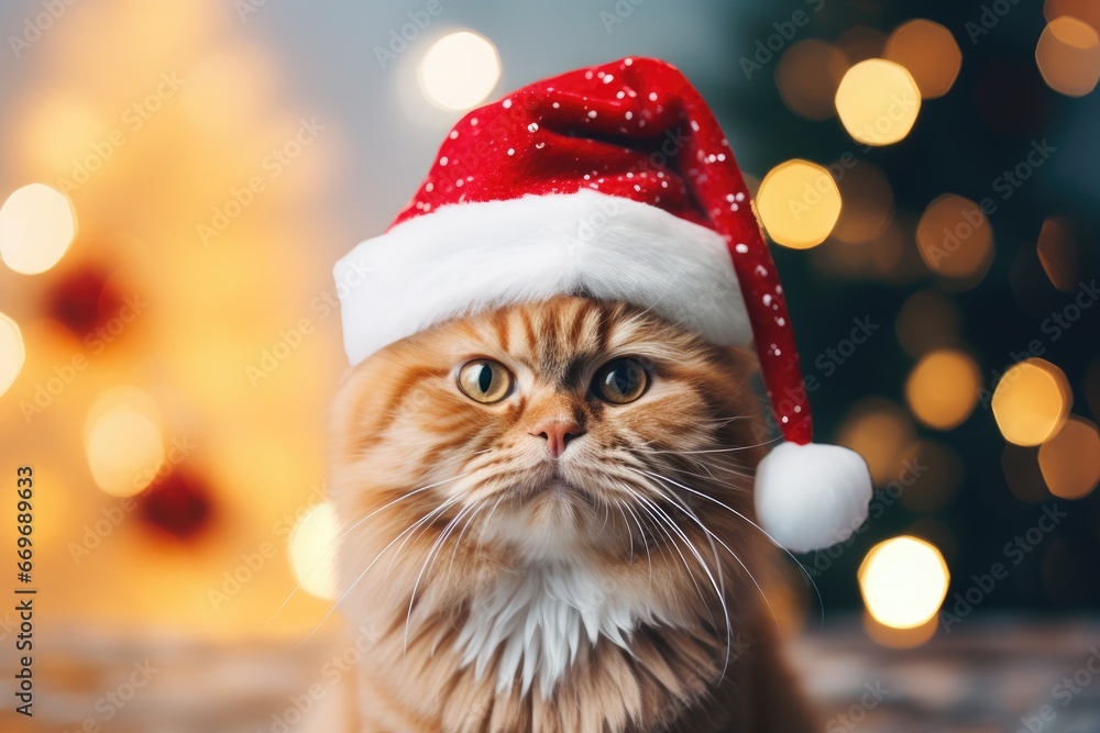 Cute funny orange cat in Santa Claus red hat on blured background with golden lights. Happy New Year and Christmas concept Cute funny orange cat in Santa Claus red hat on blured background with golden lights. Happy New Year and Christmas concept