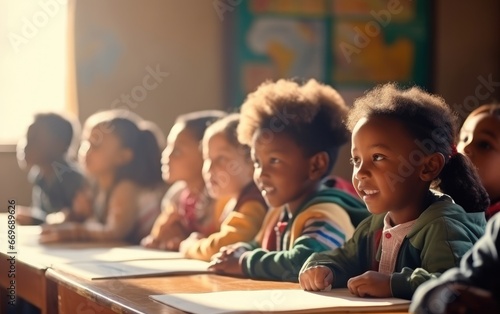 schoolchildren sitting at her desks in school