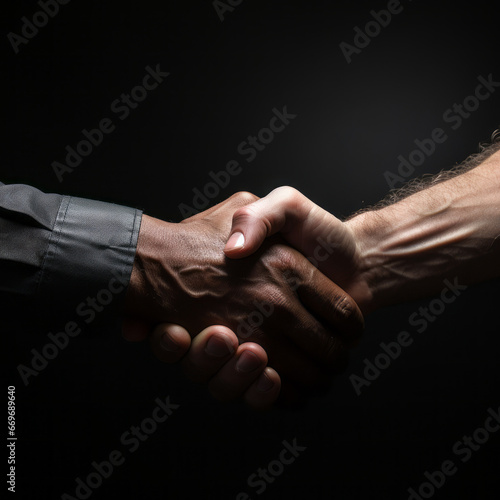 Close-up of two men's hands firmly shaking against a dark background, symbolizing trust, agreement, or partnership