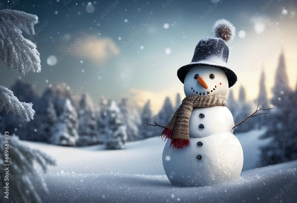 Snowman on winter background. AI Generated