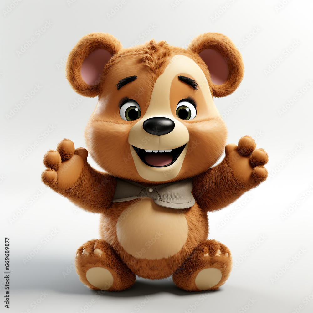 Fototapeta premium 3D cartoon style illustration of a bear cub wearing a shirt and a happy face. Isolated on white background.