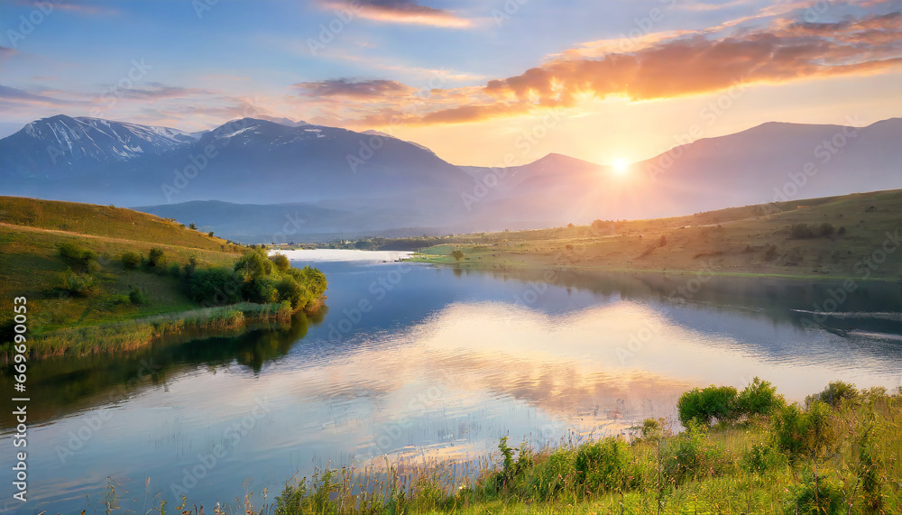 Impressive summer sunrise on a lake with mountain range. Sunny outdoor scene