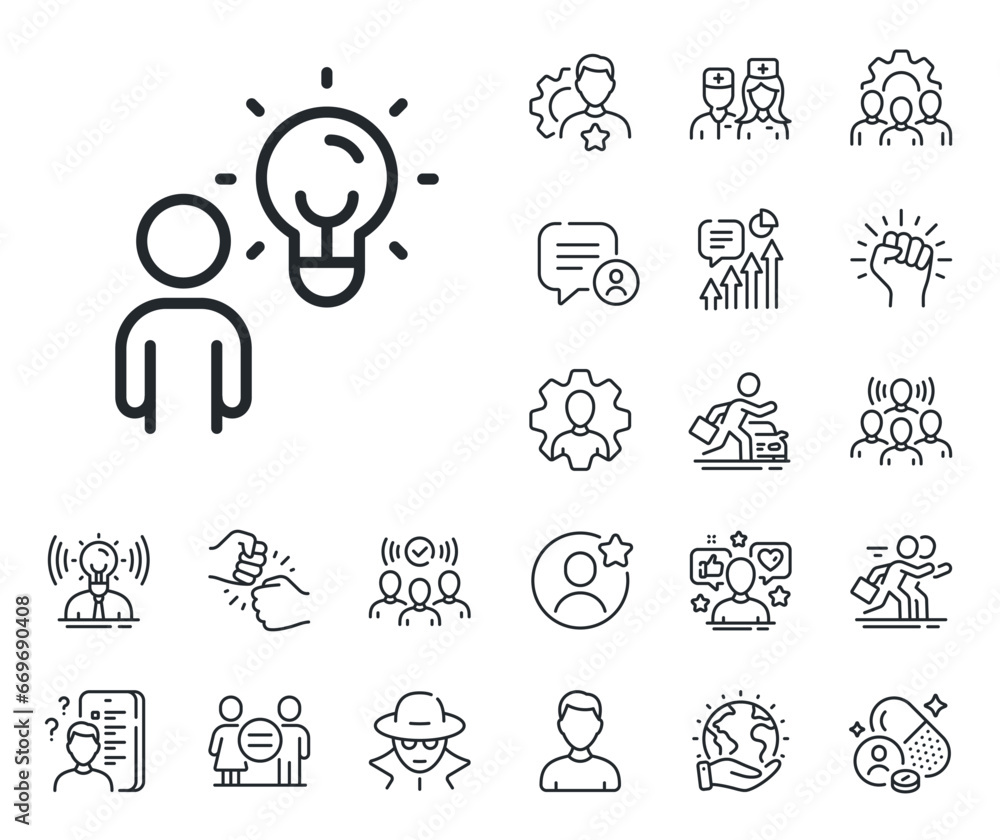 Human with lightbulb sign. Specialist, doctor and job competition outline icons. Business idea line icon. symbol. Group people line sign. Avatar placeholder, spy headshot icon. Strike leader. Vector Human with lightbulb sign. Specialist, doctor and job competition outline icons. Business idea line icon. symbol. Group people line sign. Avatar placeholder, spy headshot icon. Strike leader. Vector