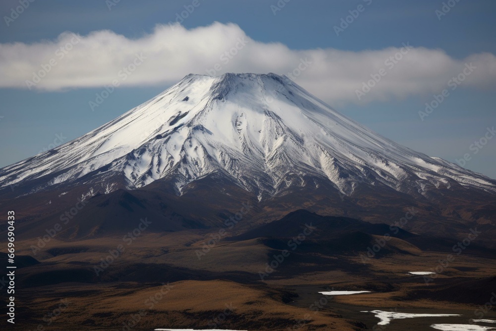 Snow-covered volcanic mountain in a sleep-like state, resembling an oil painting. Generative AI