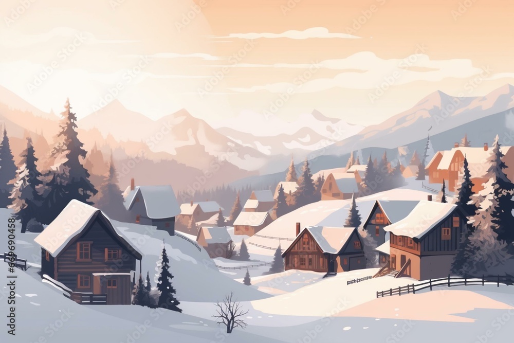 Winter landscape with a peaceful snowy village and mountainous alpine scenery during Christmas season. Generative AI