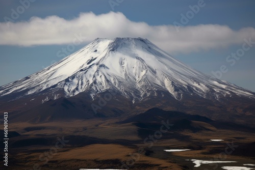 Snow-covered volcanic mountain in a sleep-like state, resembling an oil painting. Generative AI © Jago