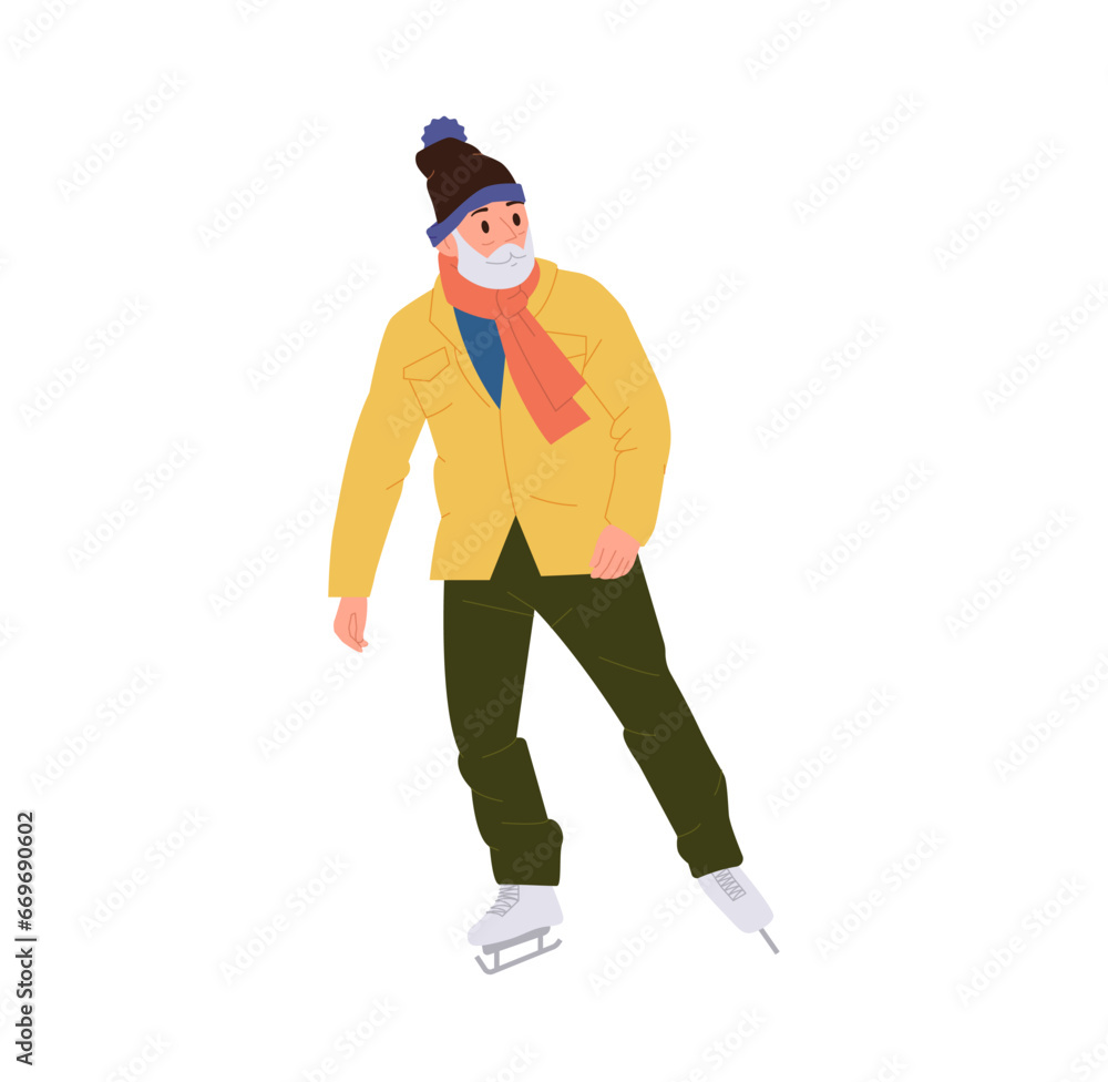 Happy senior old man cartoon character ice skating vector illustration isolated on white background Happy senior old man cartoon character ice skating vector illustration isolated on white background