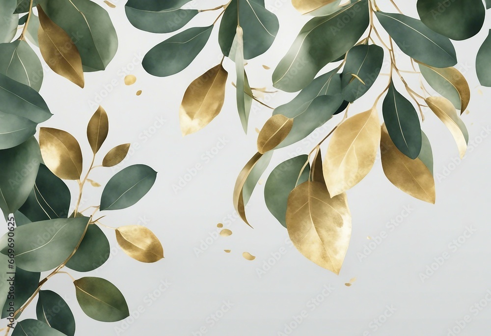 Bouquet made of green and golden watercolor eucalyptus leaves wedding illustration