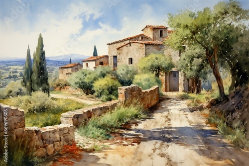 Scenic Italian hamlet with vintage charm in watercolors. Generative AI