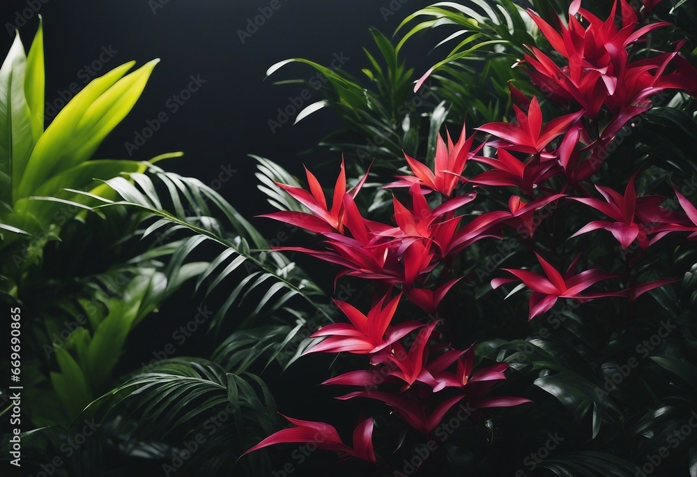 Many brightly colored tropical plants are on a black wall Many brightly colored tropical plants are on a black wall