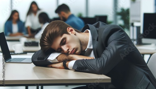 Disheartened young intern or businessman resting his head on his desk, in a corporate blurred office as sleeping disorder or burnout concept as a result of stress and overload photo