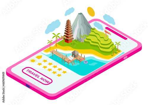 Isometric Bali island with mountain, tower, bungalow on water and rice fields. Travel destination with ratings on smartphone illustration