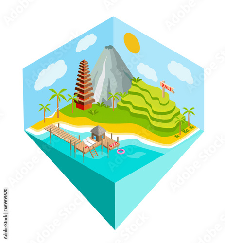 Isometric Bali island with mountain,tample, bungalow on water, beach and rice fields. Travel illustration.