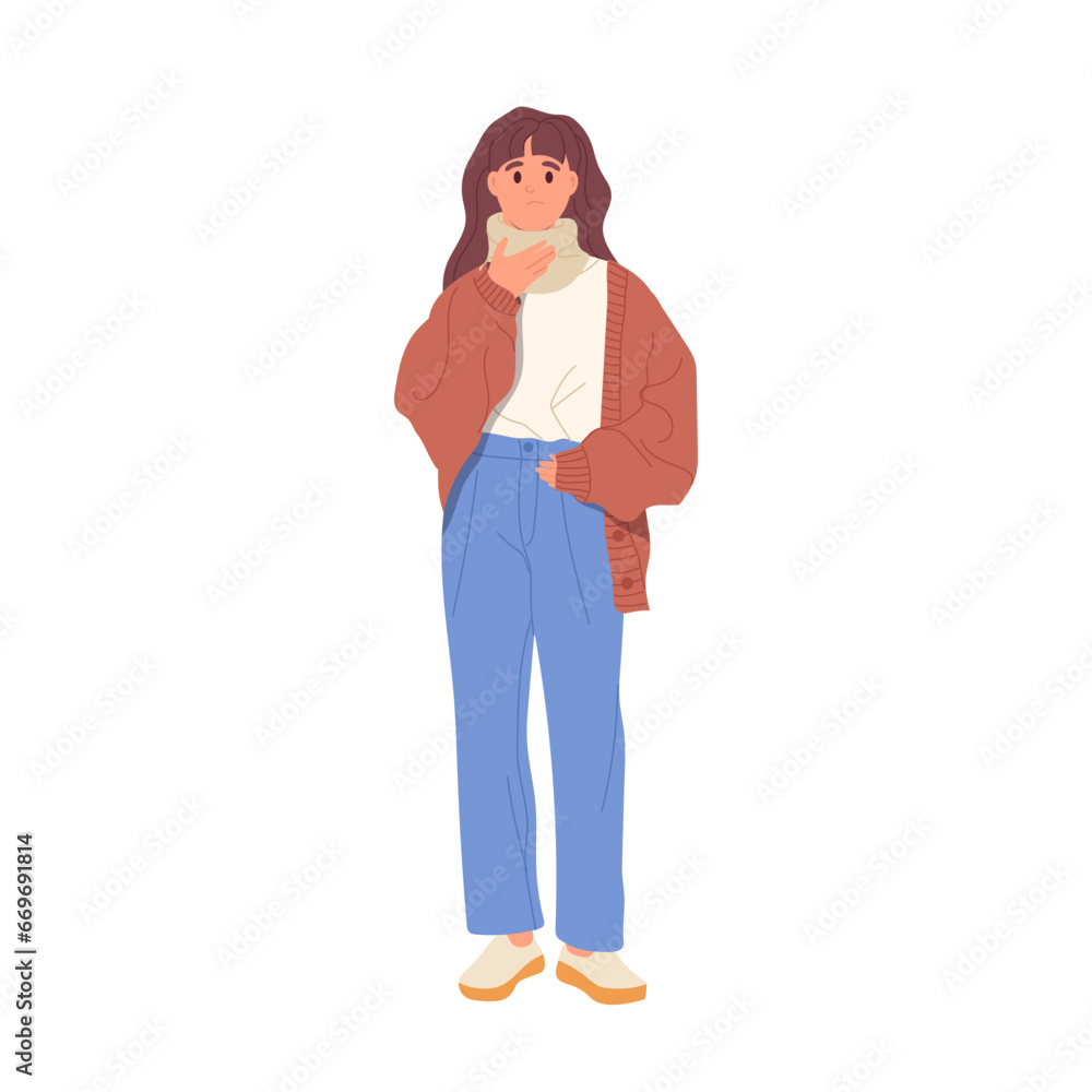 Sad unhappy young woman cartoon patient character with neck injury isolated on white background Sad unhappy young woman cartoon patient character with neck injury isolated on white background