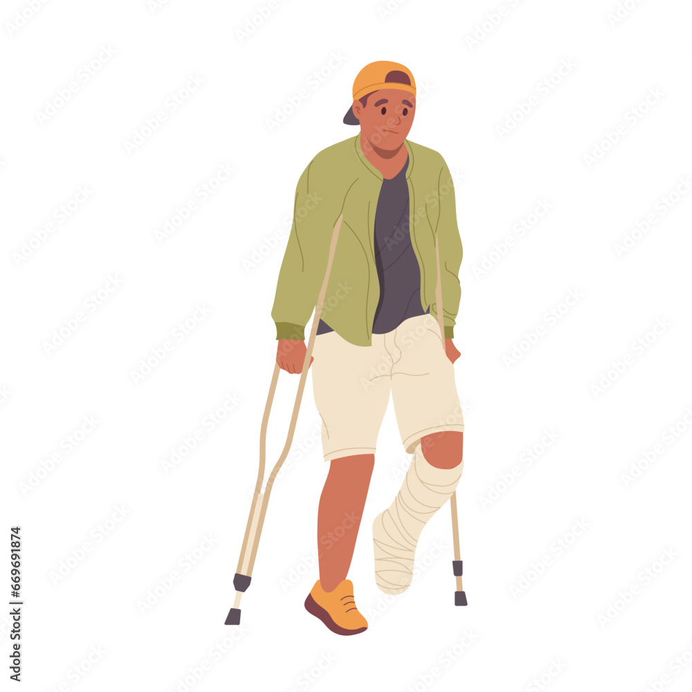 Teenage boy cartoon character with bandaged broken leg walking on crutches isolated on white Teenage boy cartoon character with bandaged broken leg walking on crutches isolated on white