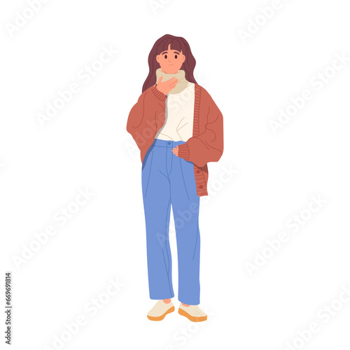 Sad unhappy young woman cartoon patient character with neck injury isolated on white background