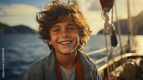 smiling little boy sitting on boat