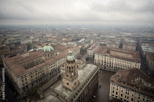 Aerial view of Milan  Italy  cloudy weather. Roofs of the city captured in a head over shot. Generative AI