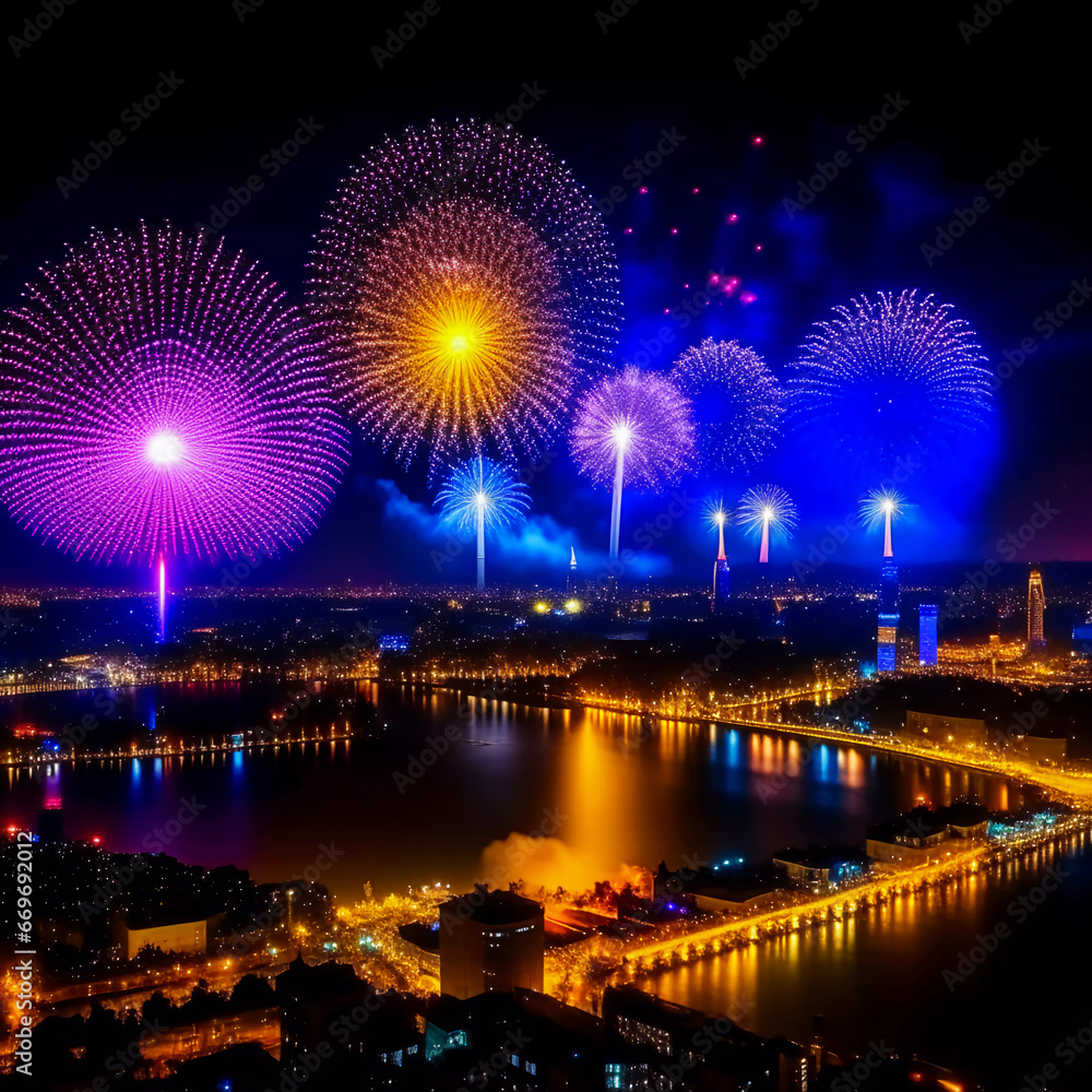 Fototapeta premium fireworks over the river, background image