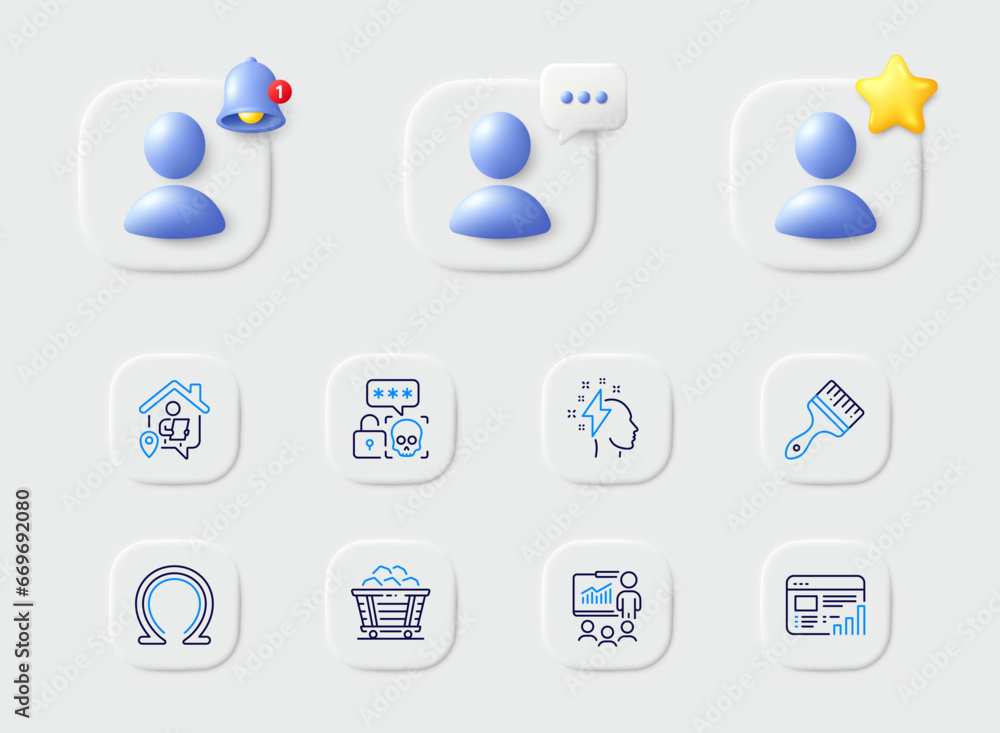 Brush, Web report and Coal trolley line icons. Placeholder with 3d star, reminder bell, chat. Pack of Presentation, Cyber attack, Omega icon. Work home, Brainstorming pictogram. Vector Brush, Web report and Coal trolley line icons. Placeholder with 3d star, reminder bell, chat. Pack of Presentation, Cyber attack, Omega icon. Work home, Brainstorming pictogram. Vector