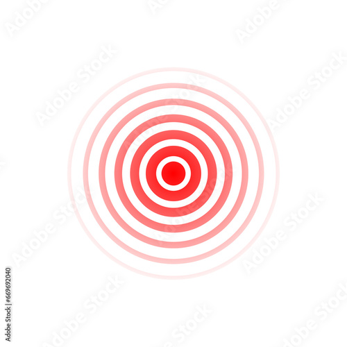Expansive red wave. Sound icon. Red effect pulse isolated on white background. Signal radar. Pattern sonar. Vibration line design. Radial rays. Round ripple logo. Sonic waves. Vector illustration