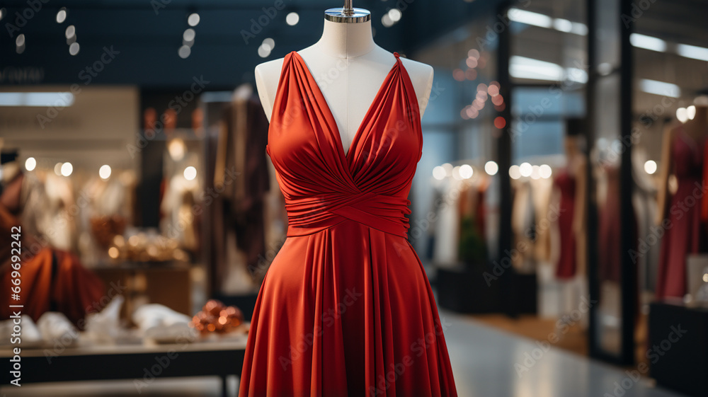 Obraz premium A mannequin of a young woman in a dress poses in a store. fashion shopping concept.