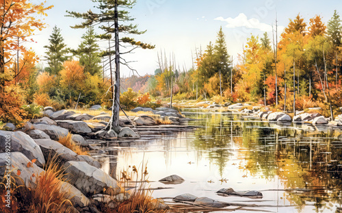 Autumn landscape with a river with rocky banks in the forest