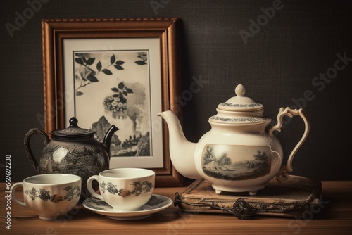 a picture of a teapot, cup, and picture frame. Generative AI