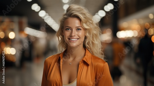 A beautiful blonde with a white-toothed smile looks at the camera, dressed in an orange shirt, walking in a shopping mall against a blurry background, shopping. Sale, discount.