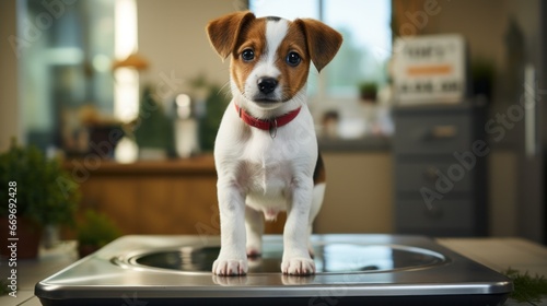 Cute Jack Russell puppy is standing in the veterinary clinic on the scales looking at the camera. Animal Health, pets Companion.