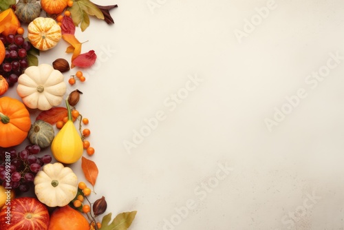 Harvest of different raw pumpkins, fruits and berries. Pumpkins, apples and grapes. Thanksgiving day or Halloween concept. Beautiful holiday autumn flat lay background with copy space