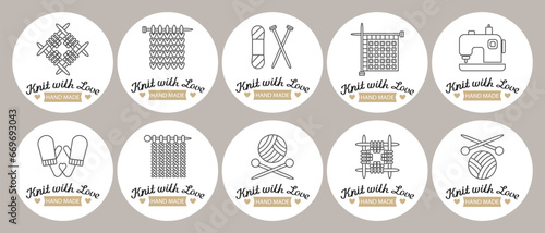 Set of stickers Knitting. knitting needles with skeins of yarn and lettering Knit with love. Hobby icons, logo, vector