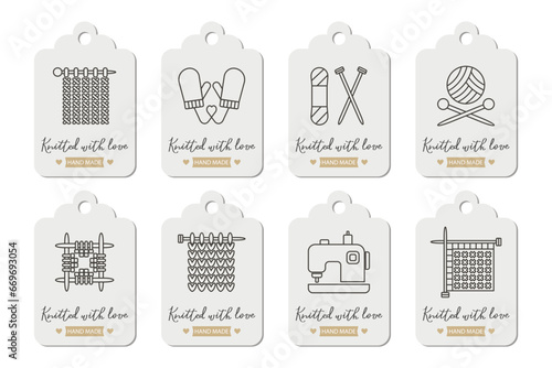 Set of labels Knitting. knitting needles with skeins of yarn and lettering Knit with love. Hobby icons, logo, vector