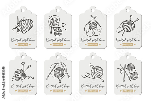 Set of labels Knitting. knitting needles with skeins of yarn and lettering Knit with love. Hobby icons, logo, vector