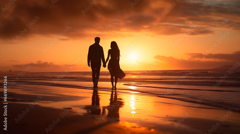 Silhouette of a romantic couple walking on the beach at sunset