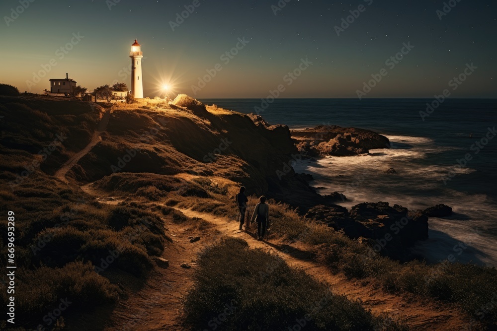 A picturesque coastal lighthouse on a sea cliff at night
