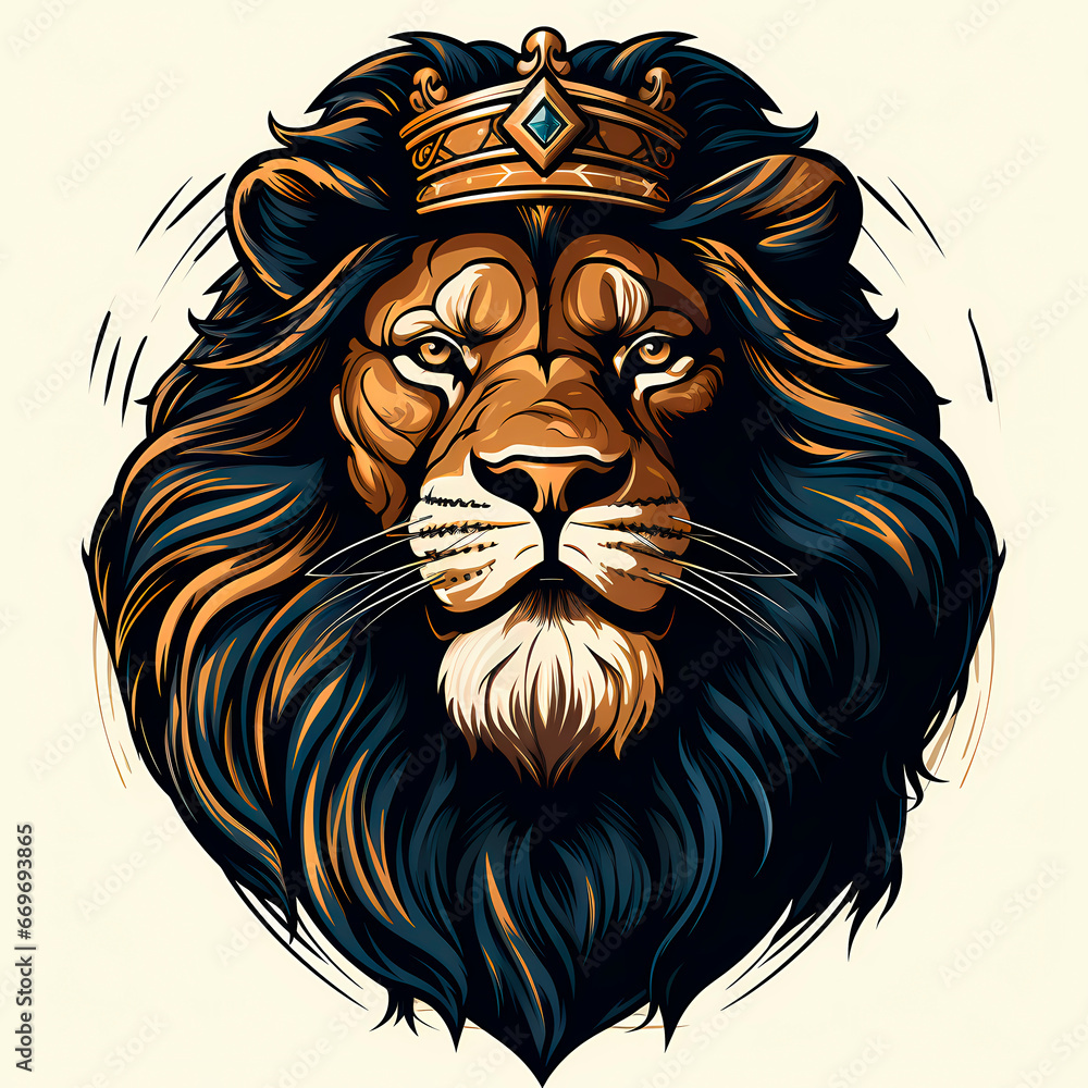 illustration of big feline animal, imposing lion with crown
