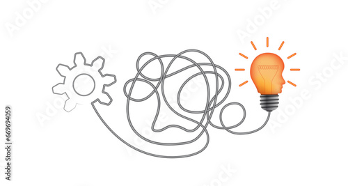 3d head shape light bulb, gear, haywire cable, business idea vector. Business concept design to use in idea, brainstorm, learning, strategy, thinking, inspiration, teamwork projects. 