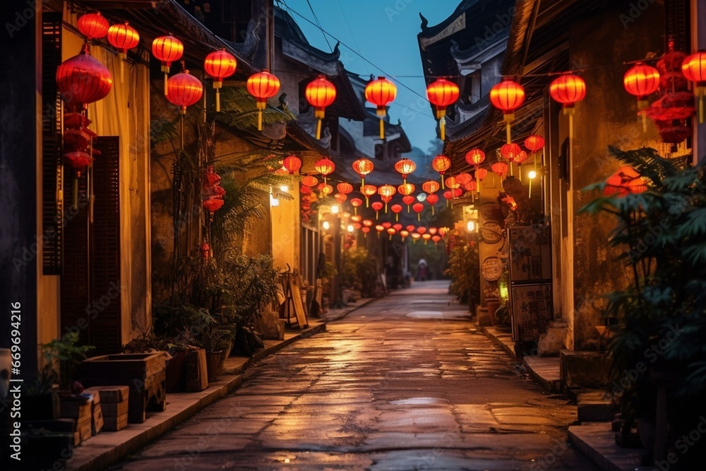 Traditional lanterns illuminate the atmospheric streets of a historic Asian town. Generative AI