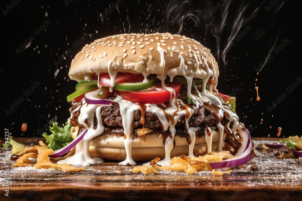 Sauce Splashed Burger with Fries and Cheese - A Luminous Quality Photorealistic Technique