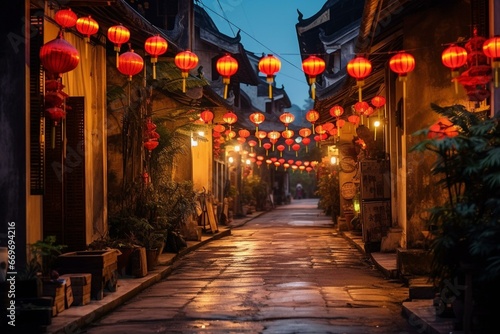 Traditional lanterns illuminate the atmospheric streets of a historic Asian town. Generative AI © Benjamin