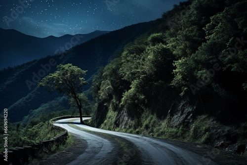 Nighttime mountain road through moonlit forest in Azerbaijan. Generative AI