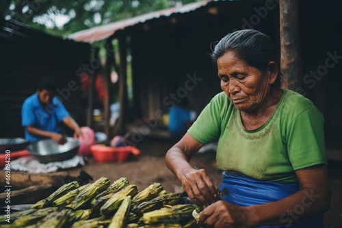 Elderly Woman Preparing Maize in Guatemalan Backyard photo