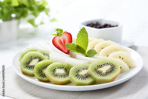 Multilayered Display of Fresh Fruit with Tea in Soft Mist Style photo